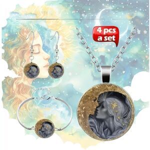 3 pc Silver Gold Glitter Moon Woman BRACELET Earrings NECKLACE Jewelry Set